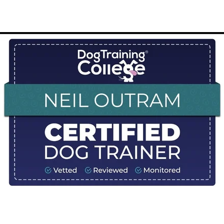 Dog Training College Certified Dog Trainer badge for Neil Outram, Dog Paw Training Bolton
