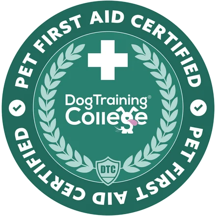 Pet First Aid Certified badge from Dog Training College, Dog Paw Training Bolton